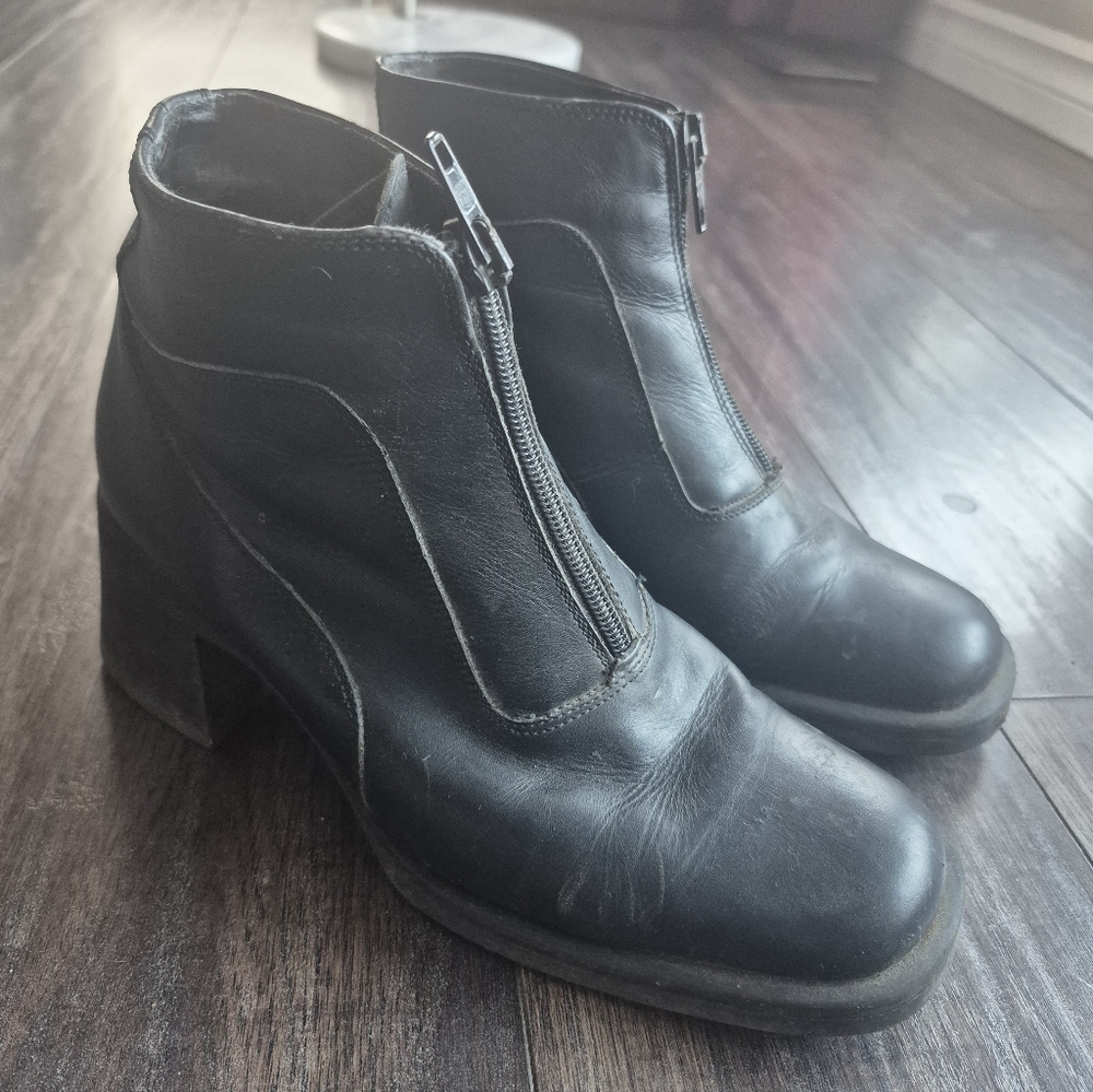 Black Italian Ankle Boots Square Toe Chunky Heel Booties Size 37